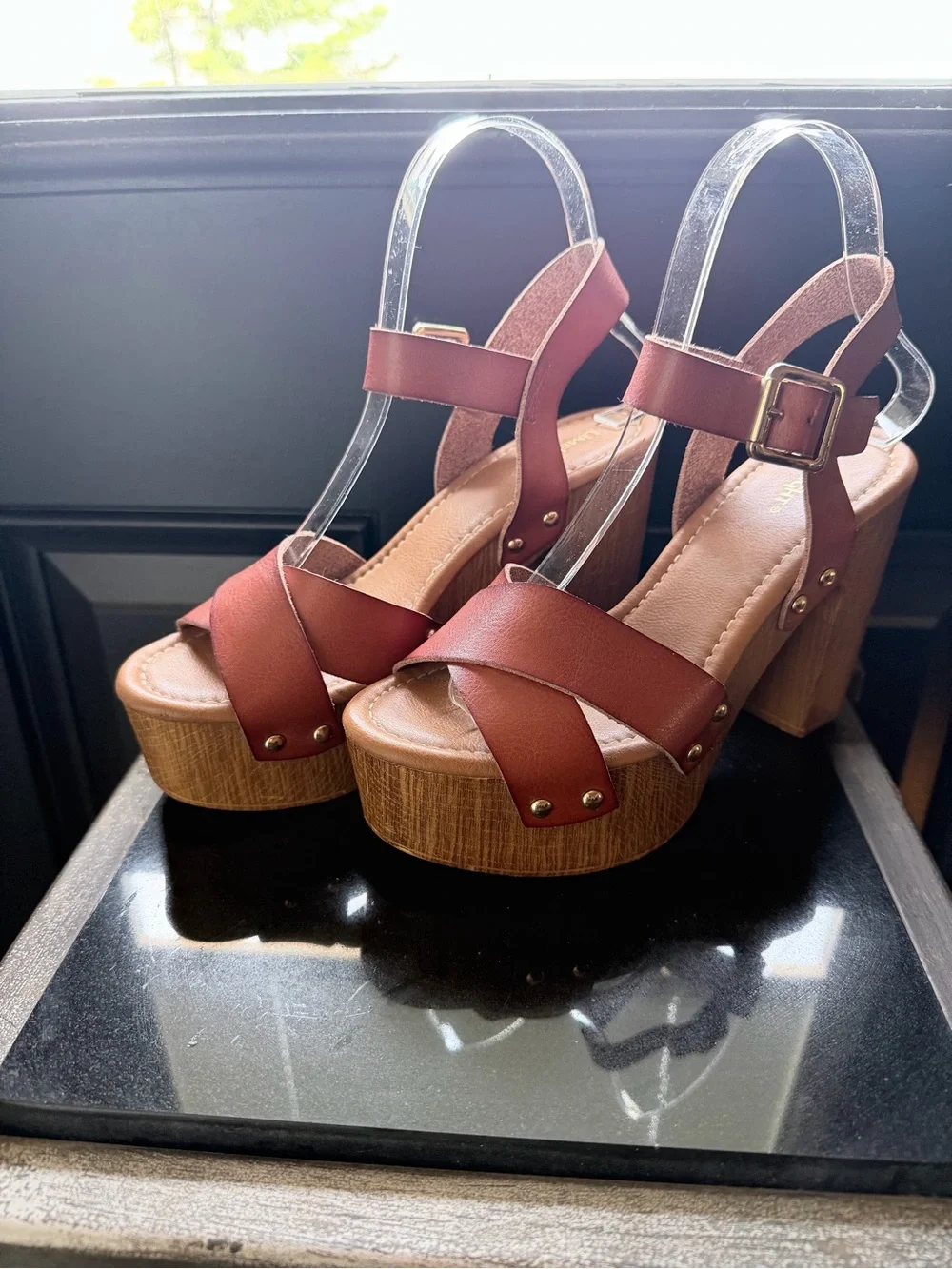Limelight Brown Leather-Look Platform Sandals with Buckle Ankle Strap